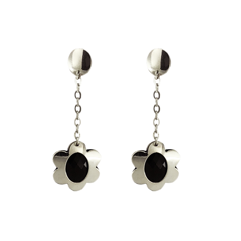Orecchini Berenice con fiori e pietre nere realizzati in argento