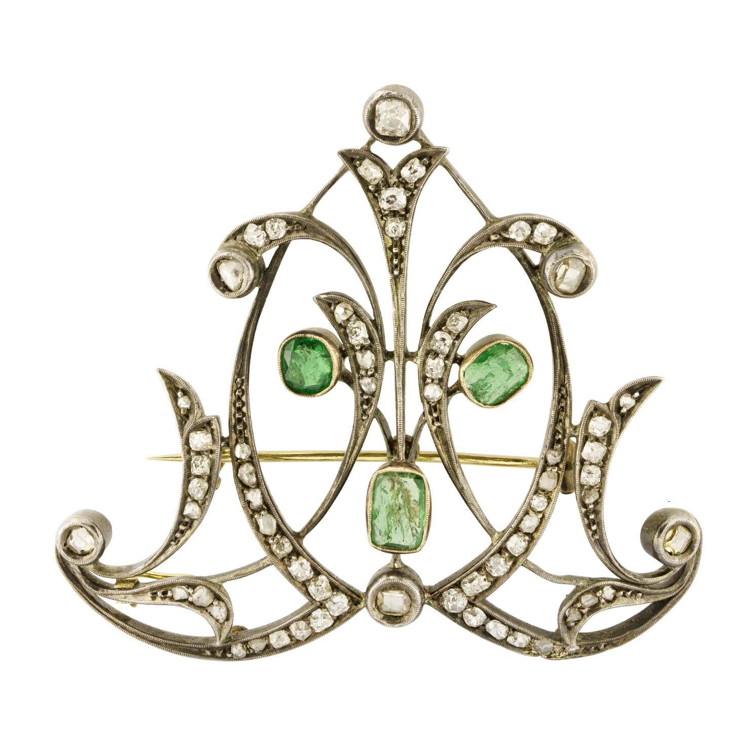 Spilla antica in oro e argento con smeraldi 1,80ct tot e diamanti taglio  antico 1,50ct tot ricondizionato a 1,800.00€