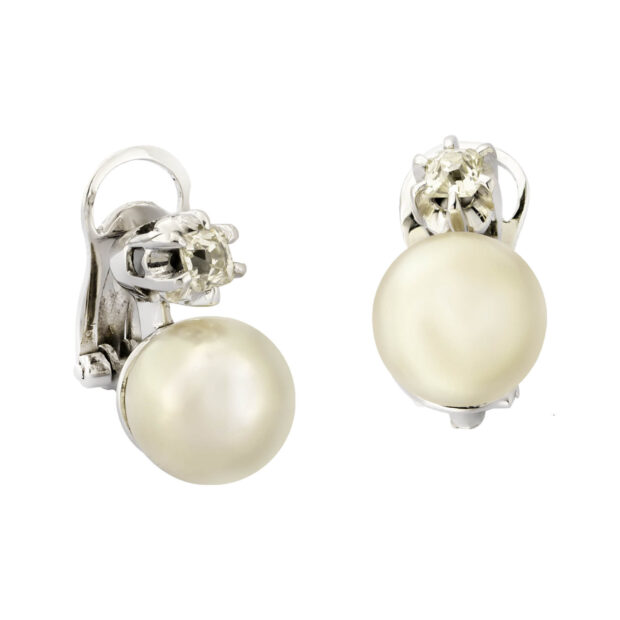 Orecchini in oro bianco con perle e diamanti taglio antico 0,20ct tot