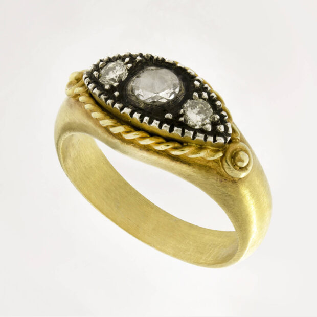 Anello in oro giallo argento e diamanti taglio antico 0,15ct tot