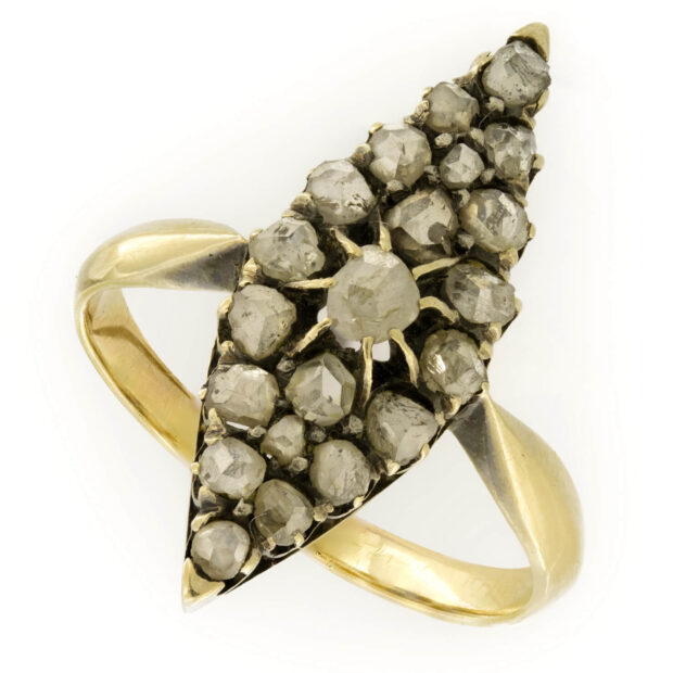 Anello antico forma marquise in oro e diamanti rosecut 0,70ct tot