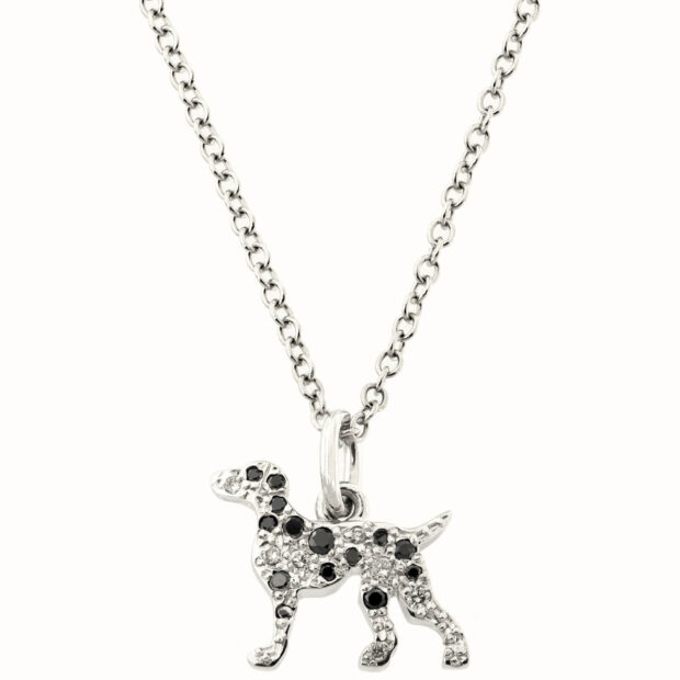 Collana con ciondolo dalmata Dodo in oro bianco e diamanti bianchi e neri