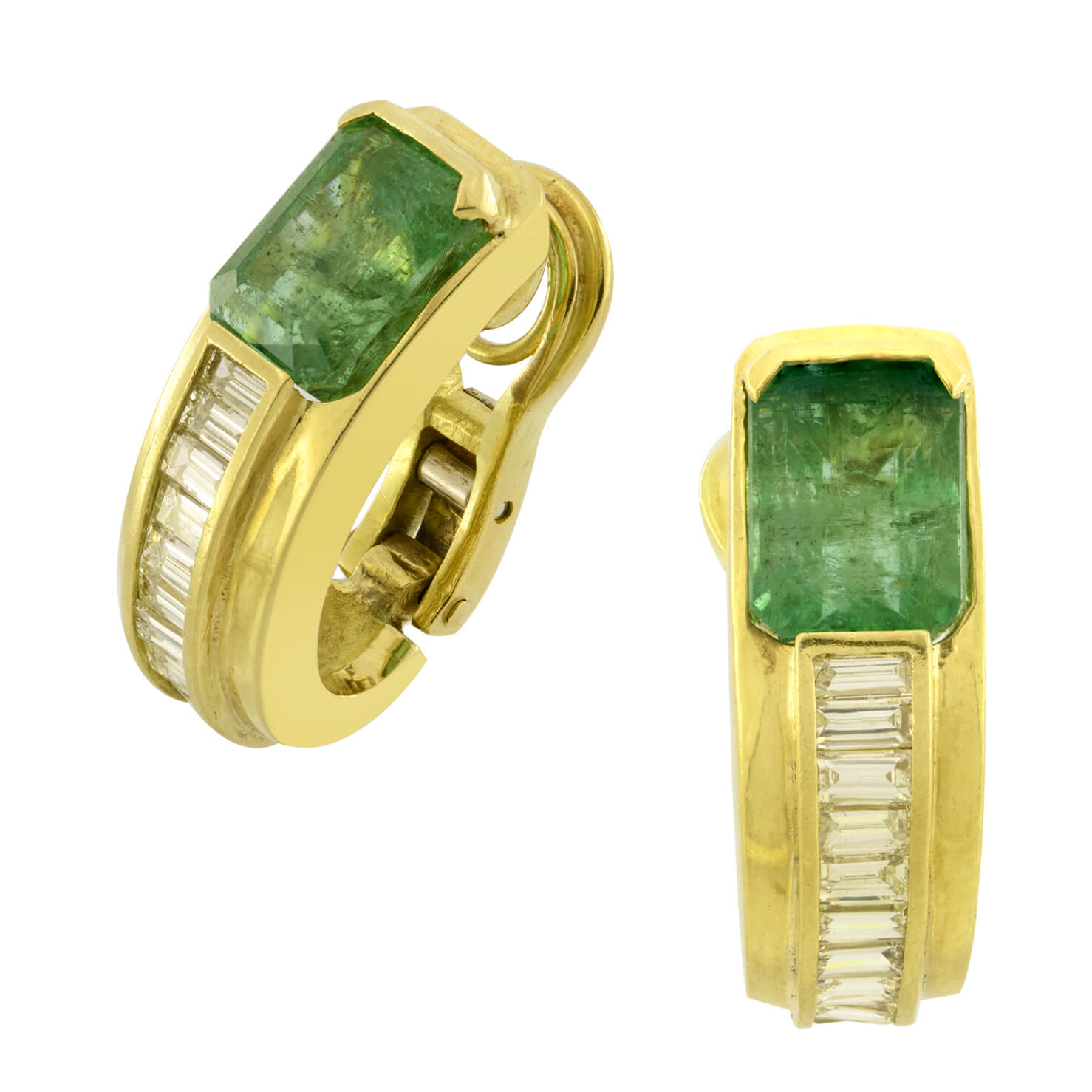 Orecchini In Oro Giallo Con Smeraldi 4,40ct Tot E Diamanti Taglio Baguette 080ct Tot