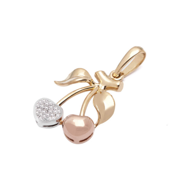 Ciondolo ciliegie in oro bianco rosa e giallo con diamanti 0,07ct tot