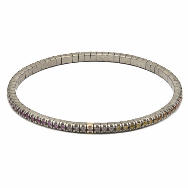 Bracciale tennis Mano J. linea elastica in titanio , oro rosso e zaffiri multicolor