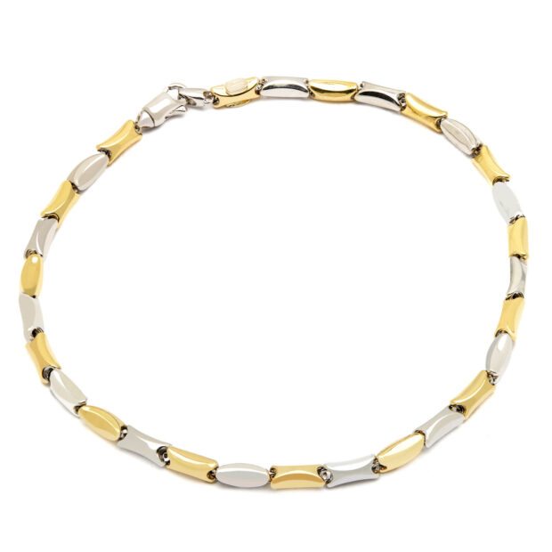 Bracciale maglia chicchi di riso in oro bianco e giallo