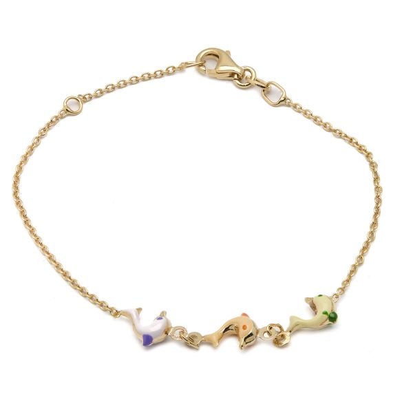 Bracciale in oro giallo con tre delfini smaltati