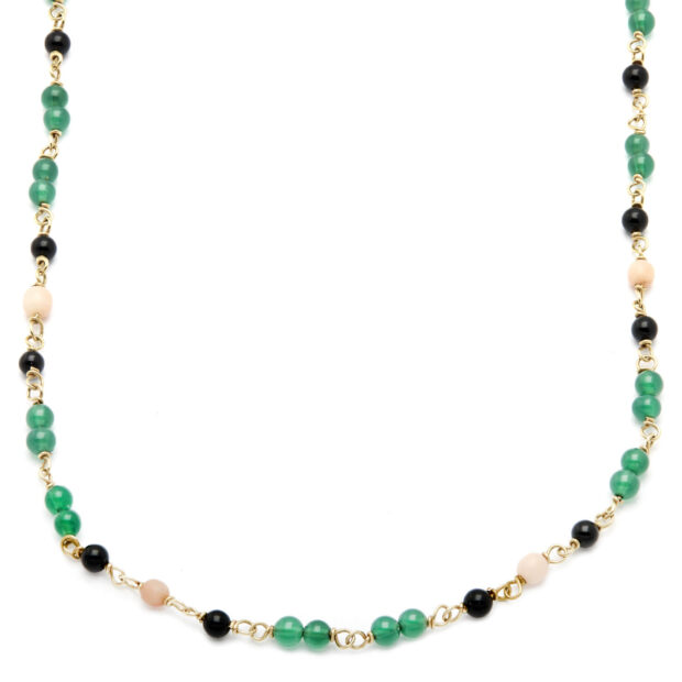 Collana in oro giallo con corallo onice e pietre verdi