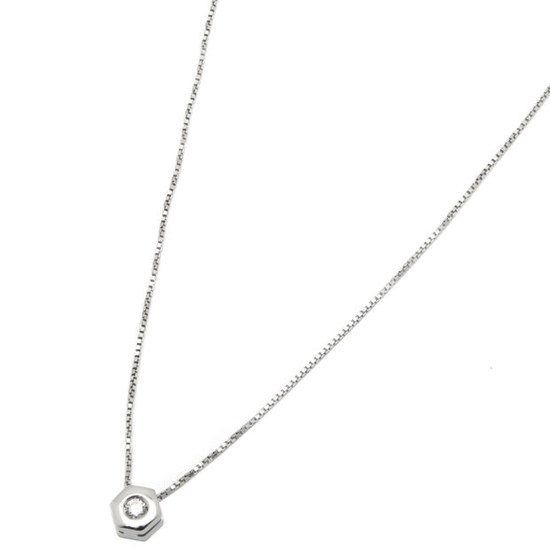 Catenina in oro bianco e punto luce esagonale con diamante
