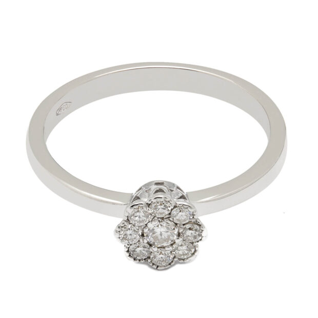 Anello solitario a fiore in oro bianco e diamanti 0,20ct