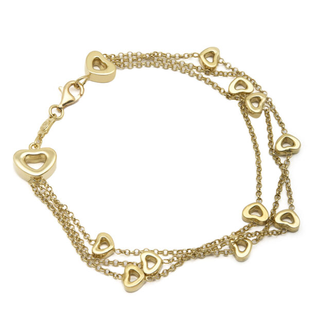 Bracciale con 3 fili di cuori in oro giallo