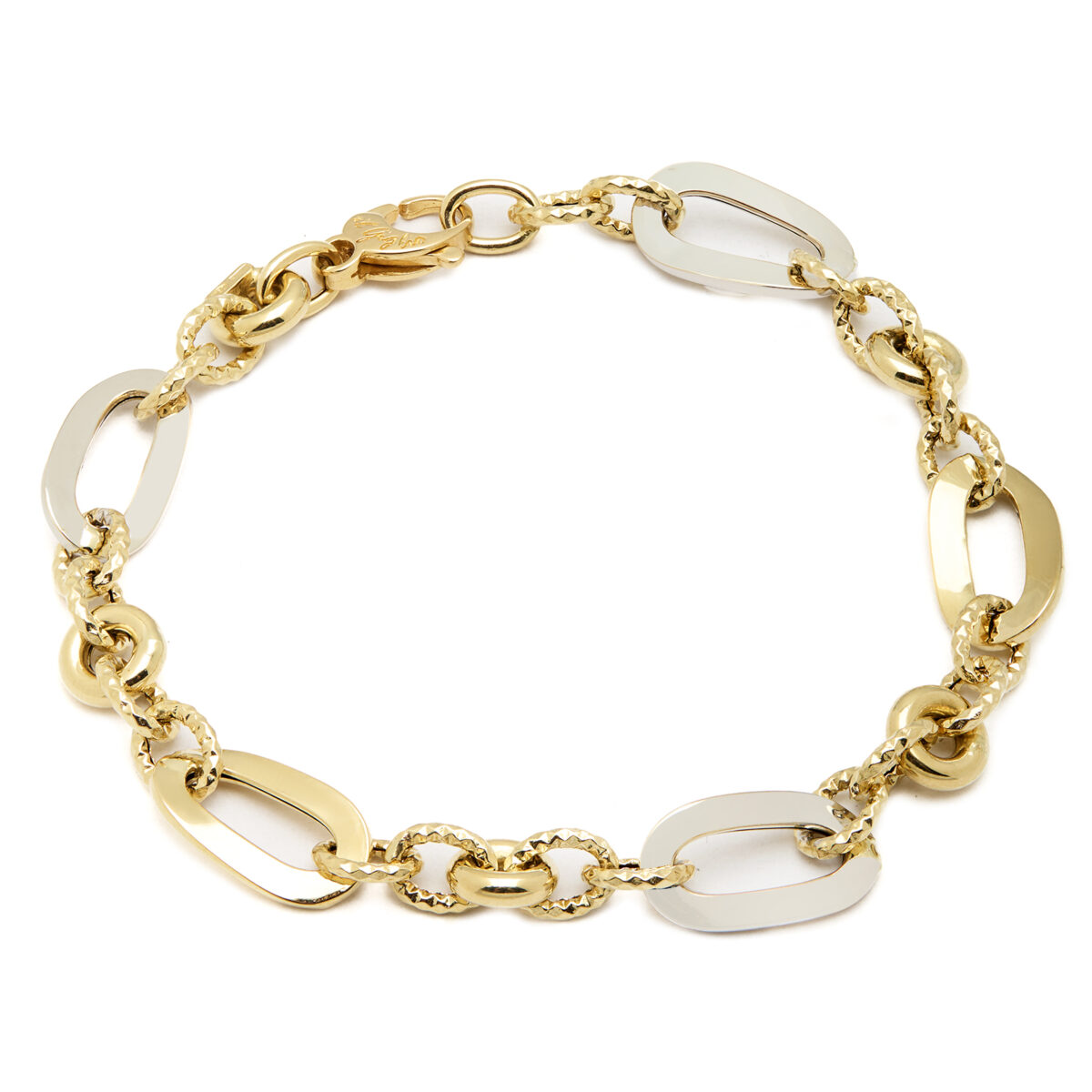 Bracciale in oro giallo e bianco con maglie tonde ed ovali