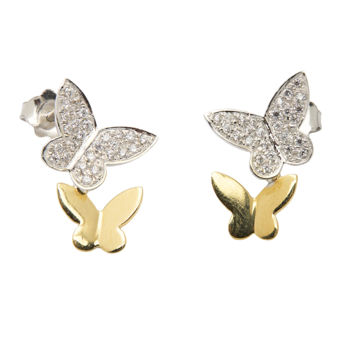 Orecchini farfalle in oro giallo e bianco con zirconi-1