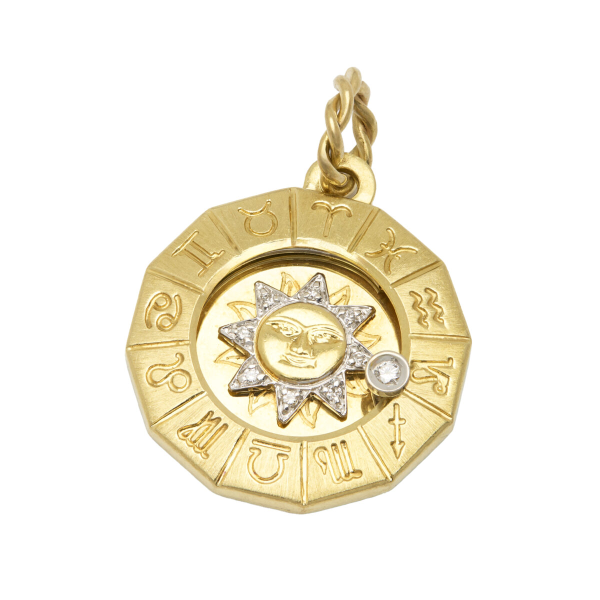 Ciondolo sole con segno zodiacale in oro giallo e bianco con diamanti-1