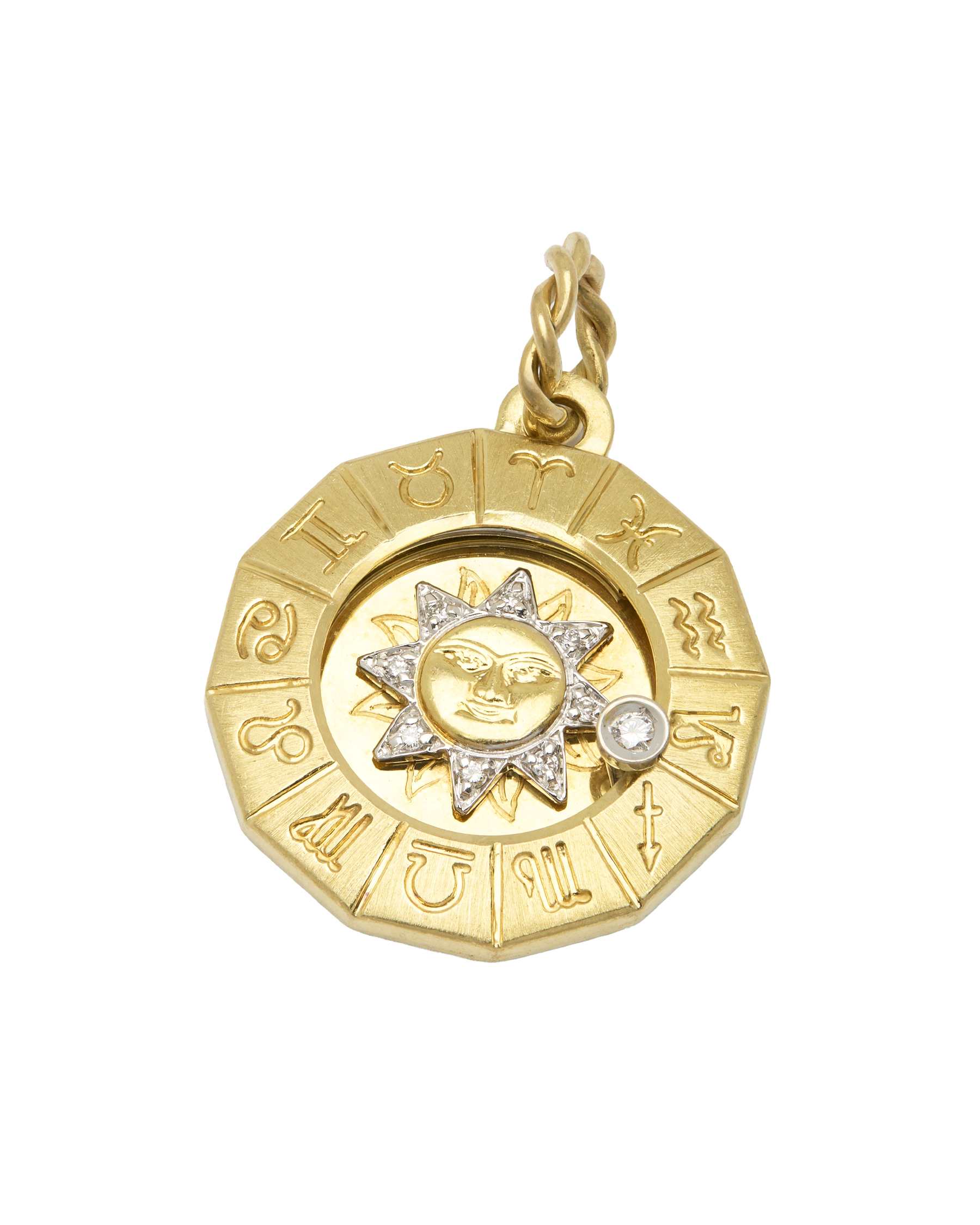 Ciondolo sole con segno zodiacale in oro giallo e bianco con diamanti-1