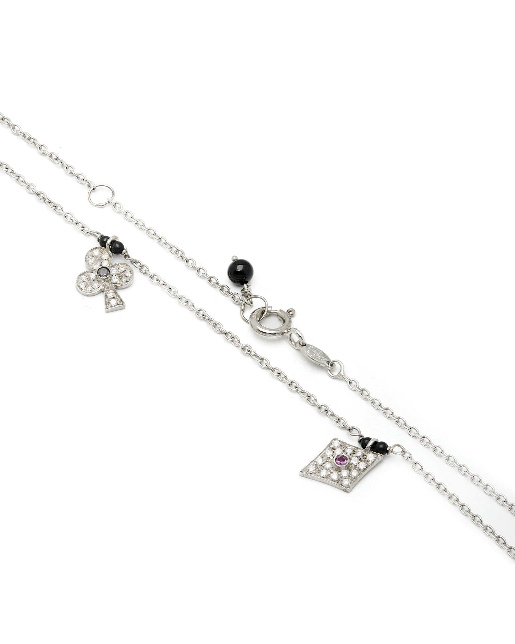 Collana in oro bianco con ciondoli poker diamanti e rubini (2)
