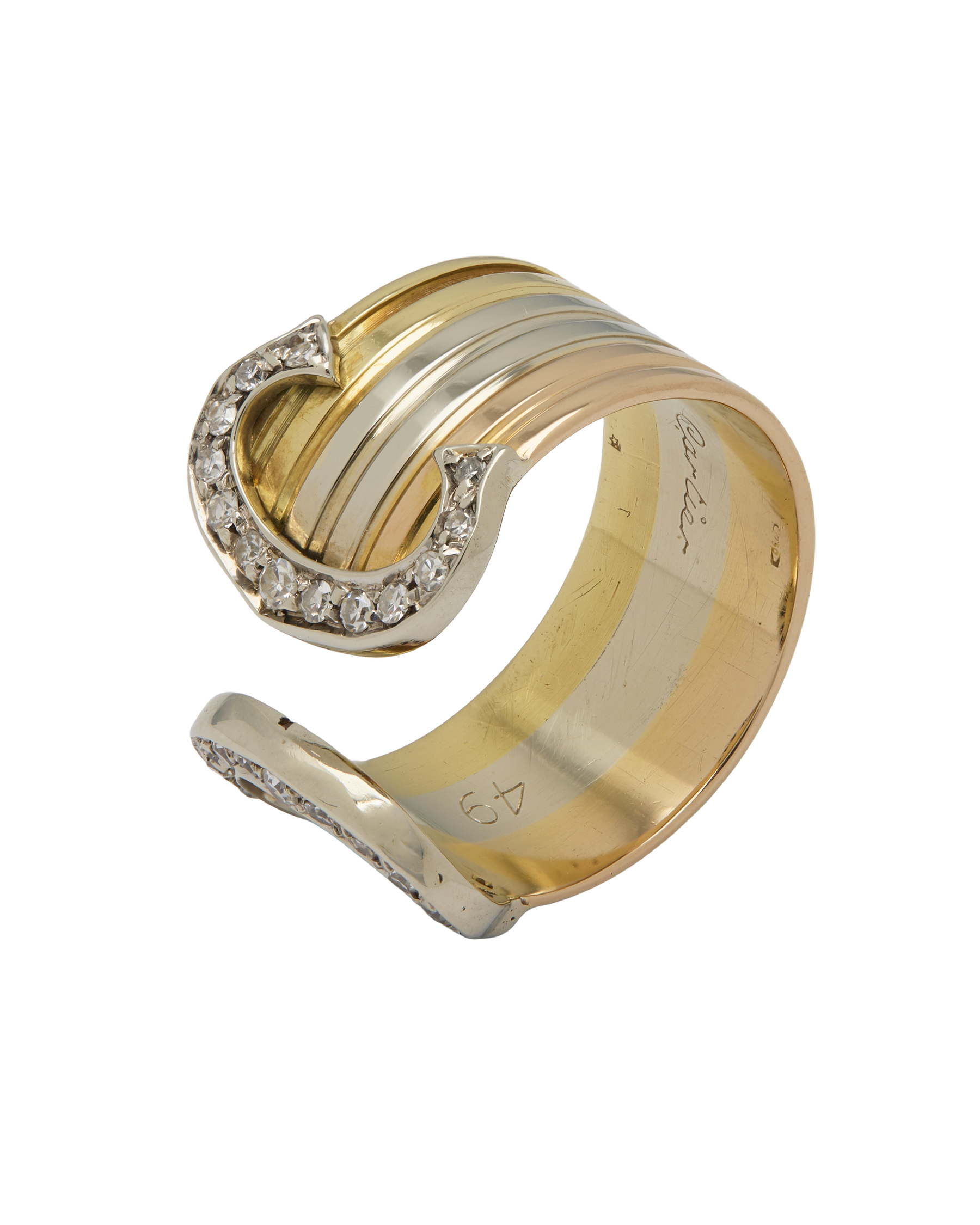Anello cartier doppia c tre ori e diamanti-2