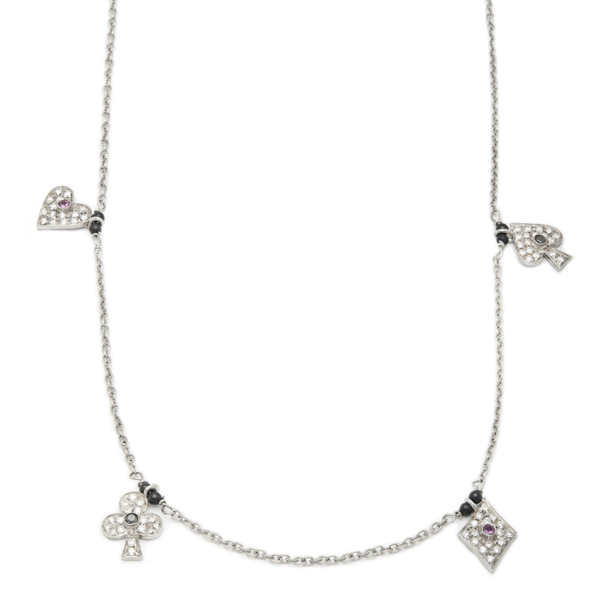 Collana in oro bianco con ciondoli poker diamanti e rubini (1)