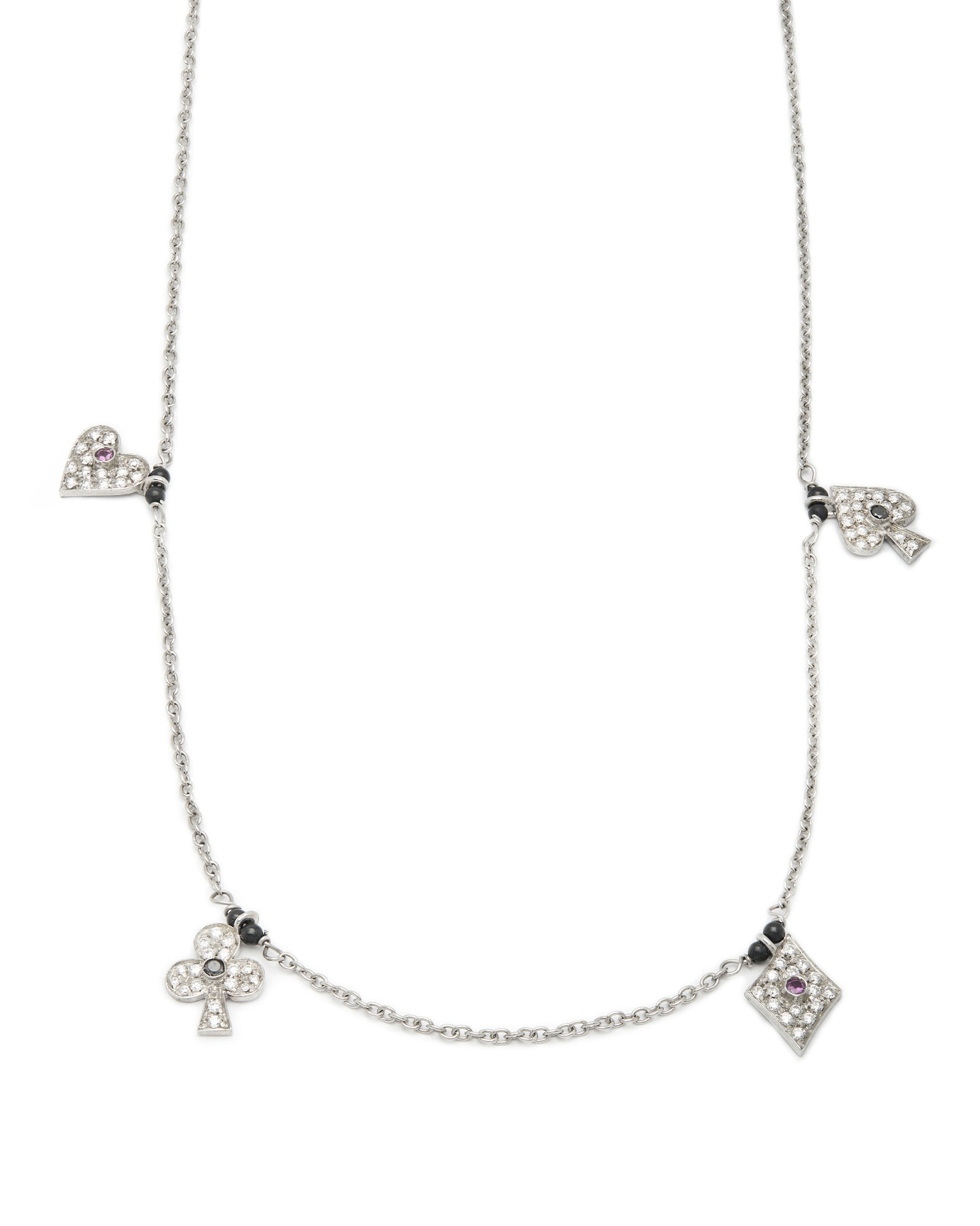 Collana in oro bianco con ciondoli poker diamanti e rubini (1)
