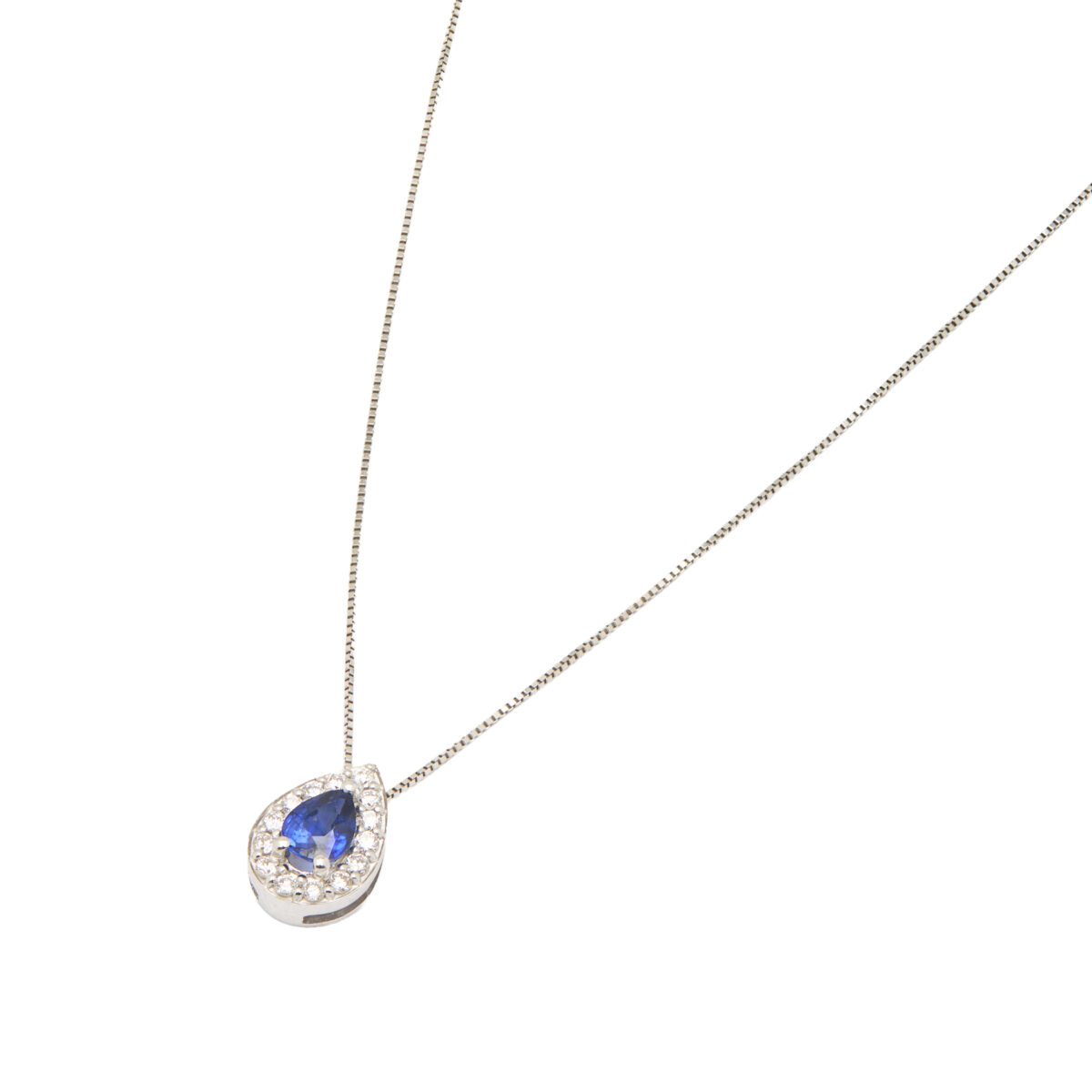 Catenina oro bianco con ciondolo zaffiro goccia e diamanti-1