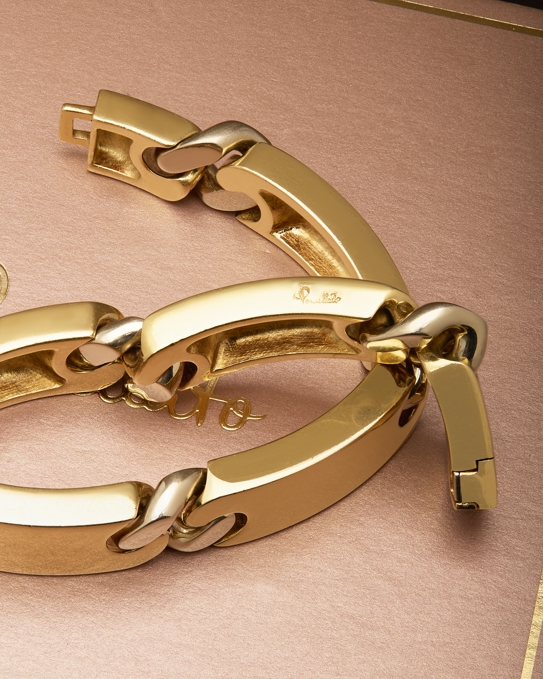 Bracciale pomellato maglie piastre piene oro giallo e maglie groumette oro bianco-4