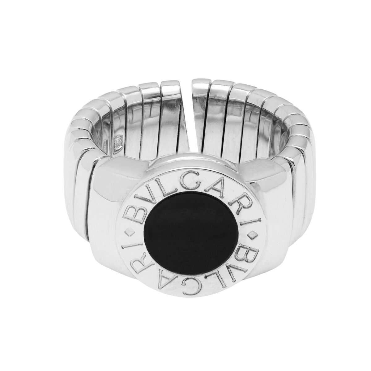 Anello bulgari bulgari tubogas in oro bianco e onice-1