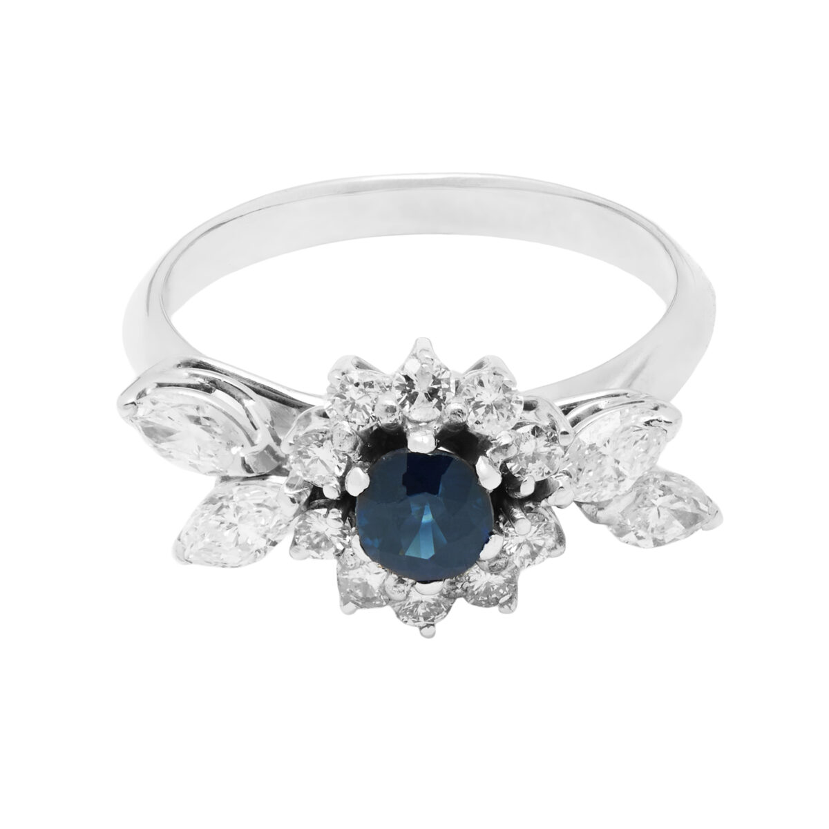 Anello con zaffiro centrale tondo e diamanti di contorno taglio marquise e round-1