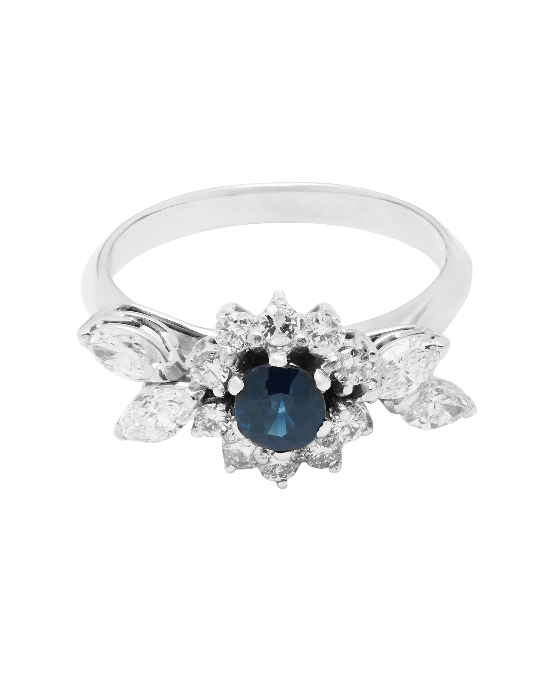 Anello con zaffiro centrale tondo e diamanti di contorno taglio marquise e round-1